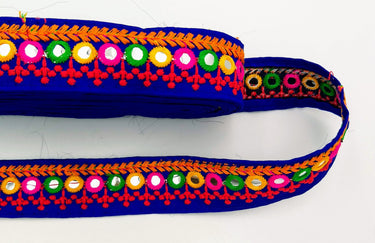 Royal Blue Indian Mirror Trim Kutch Embroidered Navratri Garba Dress Trim Bridal Lace, Sari Border 35 mm Wide Trim Per 3 Yards